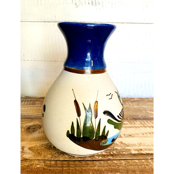 Vintage Hand Painted Stoneware Tonala Mexican Folk Pottery Vase Bird Cattails - Picture 6 of 9